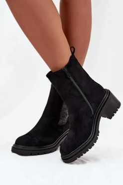 Botki Sztyblety Damskie Ocieplane Na Klocku Czarne Zoralia Damskie Botki Ocieplane|Botki Na Obcasie