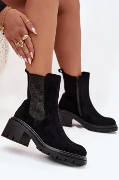 Botki Sztyblety Damskie Ocieplane Na Klocku Czarne Zoralia Damskie Botki Ocieplane|Botki Na Obcasie
