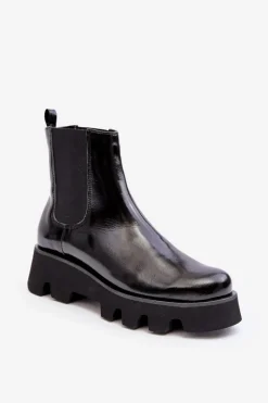 Clearance Laura Messi Botki Sztyblety Damskie Skórzane Na Masywnej Podeszwie 2571 Czarne