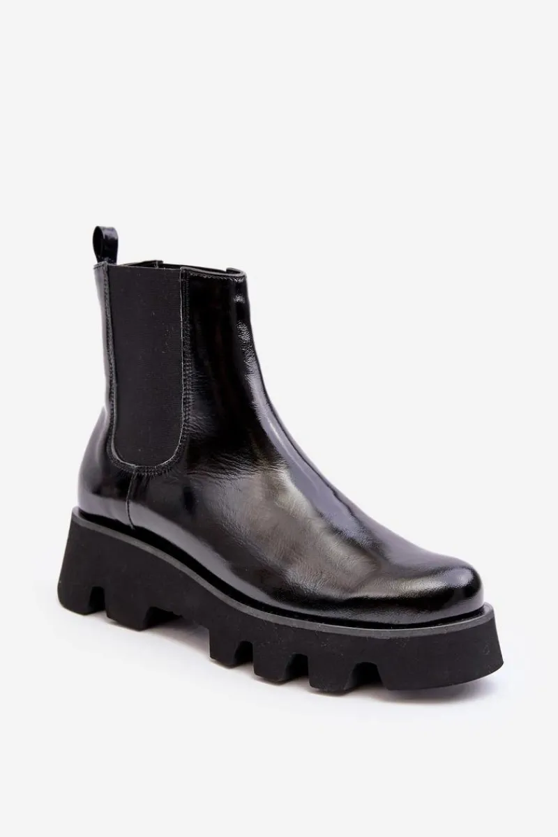 Clearance Laura Messi Botki Sztyblety Damskie Skórzane Na Masywnej Podeszwie 2571 Czarne