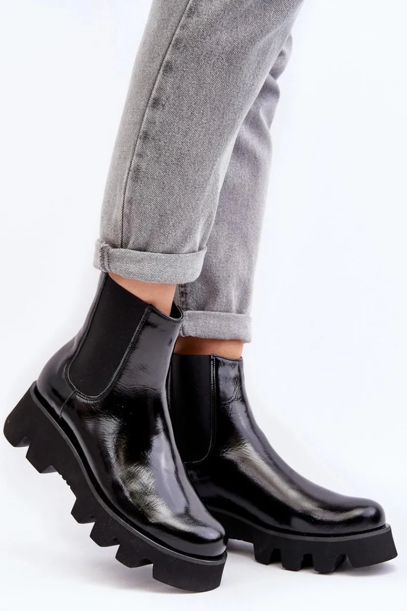 Clearance Laura Messi Botki Sztyblety Damskie Skórzane Na Masywnej Podeszwie 2571 Czarne