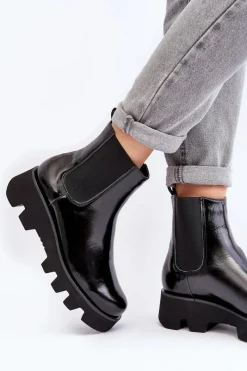 Clearance Laura Messi Botki Sztyblety Damskie Skórzane Na Masywnej Podeszwie 2571 Czarne