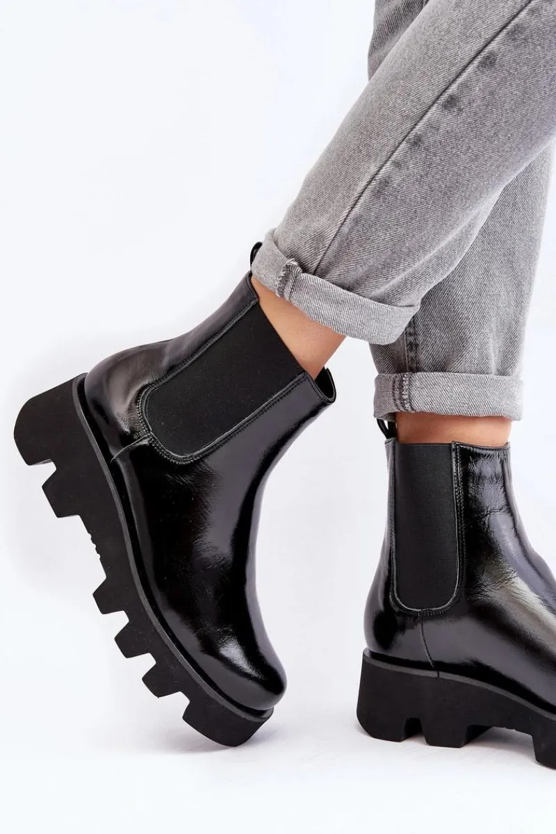 Clearance Laura Messi Botki Sztyblety Damskie Skórzane Na Masywnej Podeszwie 2571 Czarne