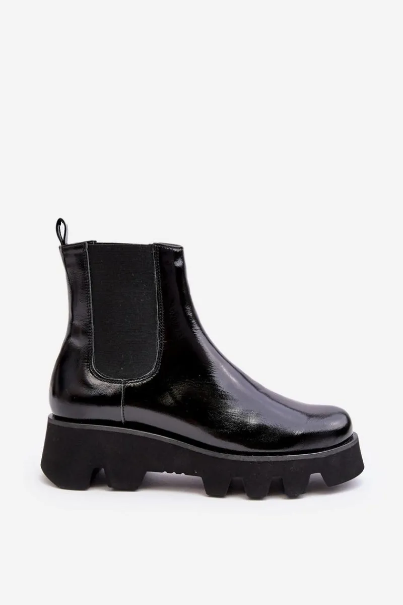 Clearance Laura Messi Botki Sztyblety Damskie Skórzane Na Masywnej Podeszwie 2571 Czarne