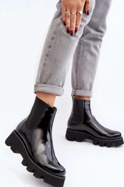 Clearance Laura Messi Botki Sztyblety Damskie Skórzane Na Masywnej Podeszwie 2571 Czarne