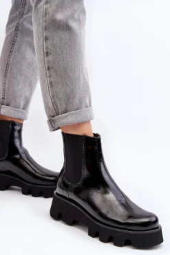 Clearance Laura Messi Botki Sztyblety Damskie Skórzane Na Masywnej Podeszwie 2571 Czarne