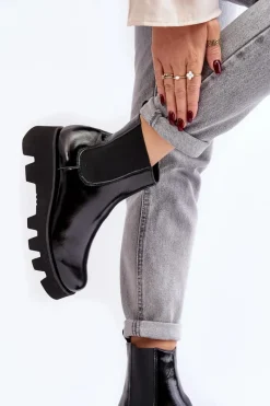 Clearance Laura Messi Botki Sztyblety Damskie Skórzane Na Masywnej Podeszwie 2571 Czarne