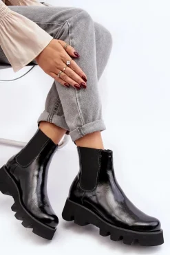 Clearance Laura Messi Botki Sztyblety Damskie Skórzane Na Masywnej Podeszwie 2571 Czarne