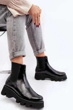 Clearance Laura Messi Botki Sztyblety Damskie Skórzane Na Masywnej Podeszwie 2571 Czarne