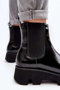 Clearance Laura Messi Botki Sztyblety Damskie Skórzane Na Masywnej Podeszwie 2571 Czarne