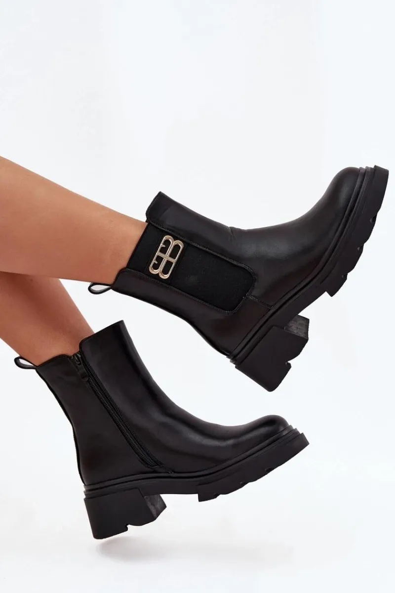 Hot Boto Botki Sztyblety Damskie Ze Złotym Detalem Ocieplane Czarne Serene Czarny