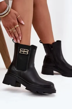 Hot Boto Botki Sztyblety Damskie Ze Złotym Detalem Ocieplane Czarne Serene Czarny