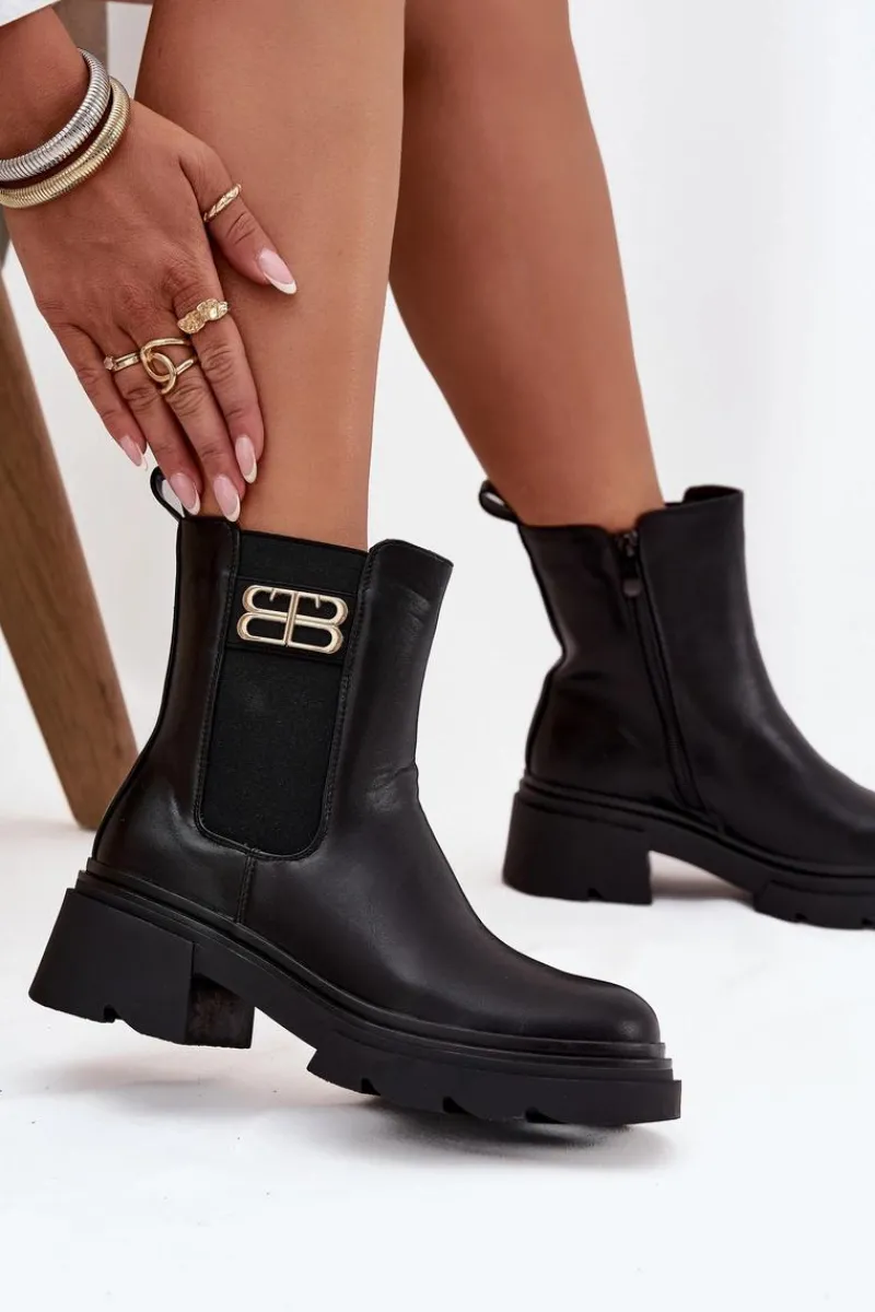 Hot Boto Botki Sztyblety Damskie Ze Złotym Detalem Ocieplane Czarne Serene Czarny