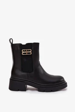 Hot Boto Botki Sztyblety Damskie Ze Złotym Detalem Ocieplane Czarne Serene Czarny