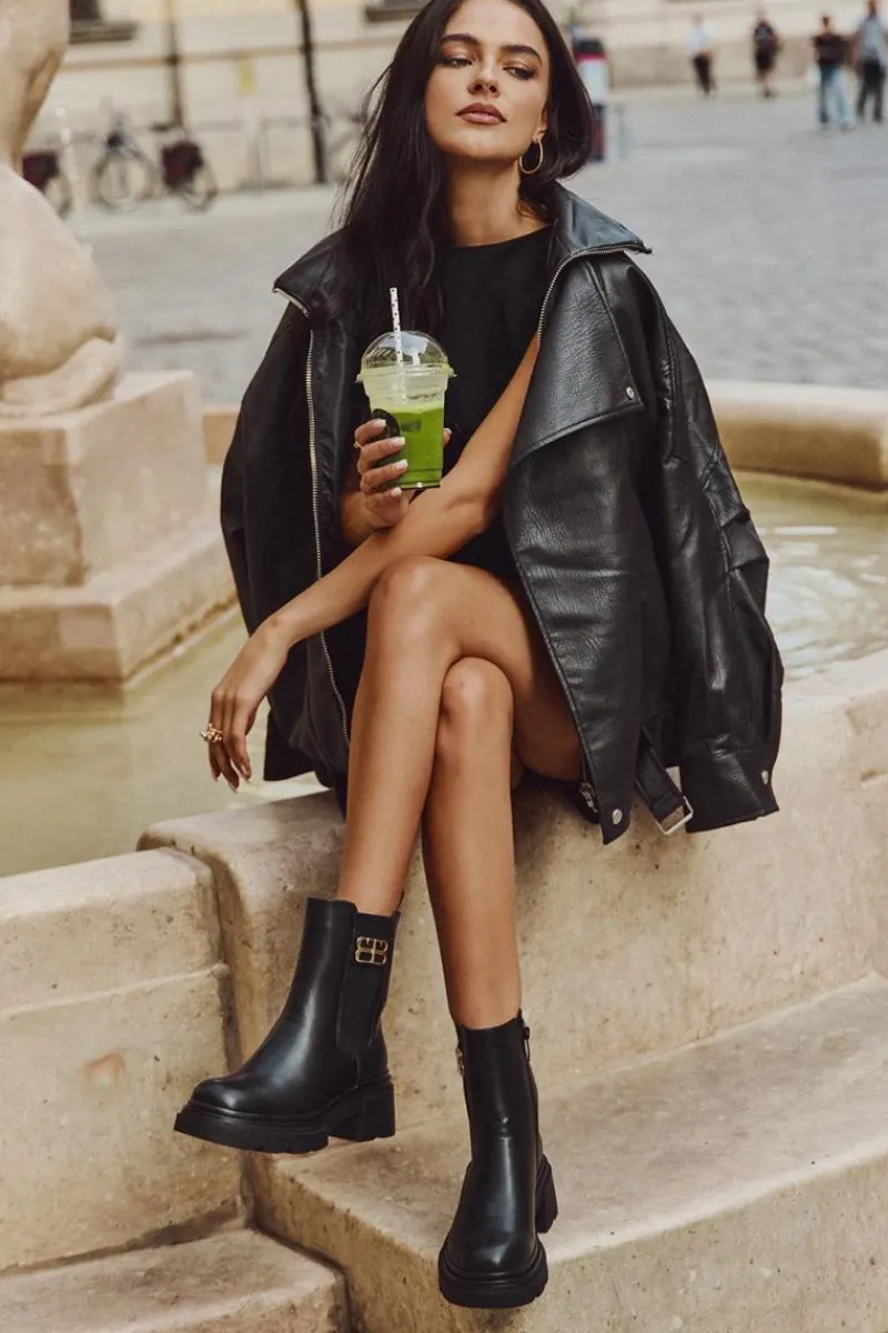 Hot Boto Botki Sztyblety Damskie Ze Złotym Detalem Ocieplane Czarne Serene Czarny