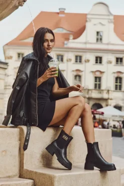 Hot Boto Botki Sztyblety Damskie Ze Złotym Detalem Ocieplane Czarne Serene Czarny