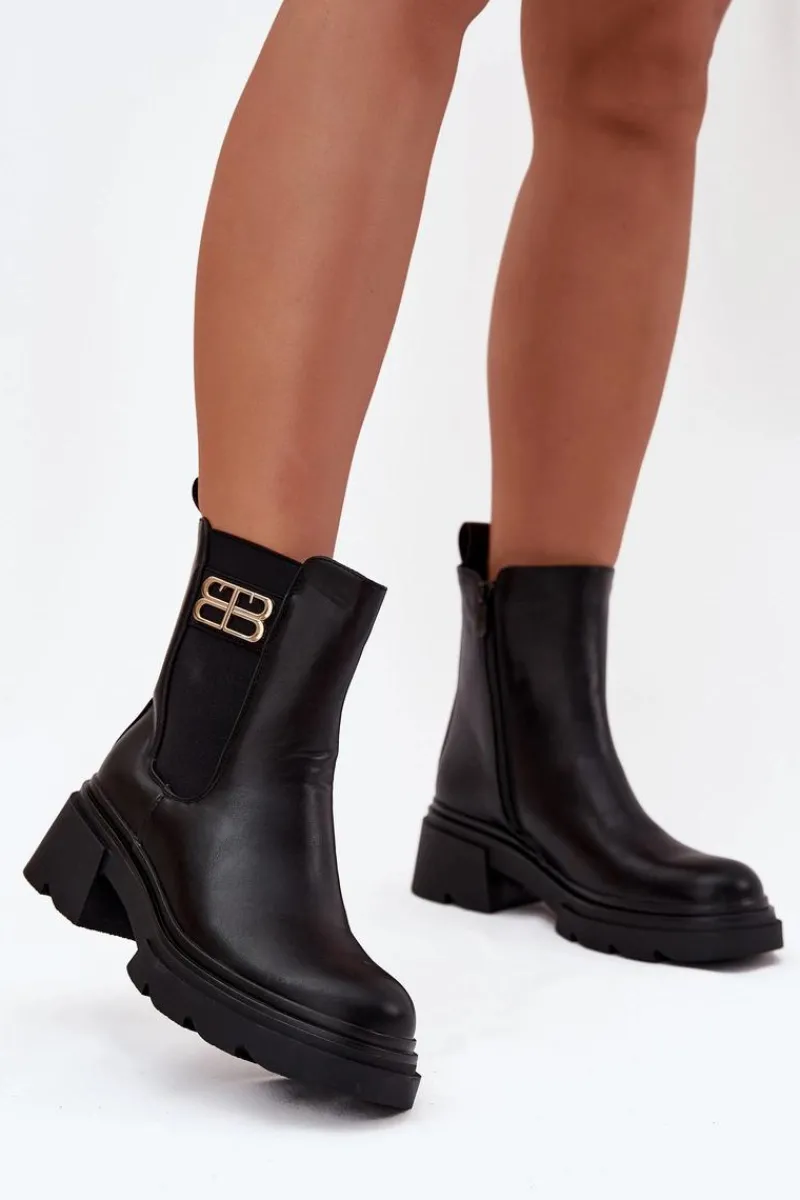 Hot Boto Botki Sztyblety Damskie Ze Złotym Detalem Ocieplane Czarne Serene Czarny