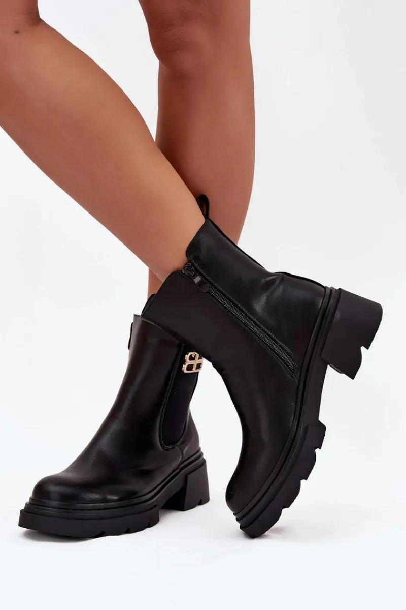 Hot Boto Botki Sztyblety Damskie Ze Złotym Detalem Ocieplane Czarne Serene Czarny