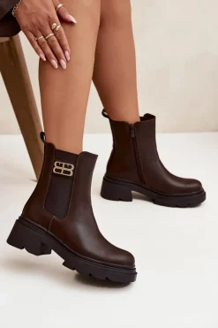 Outlet Botki Sztyblety Damskie Ze Złotym Detalem Ocieplane Brązowe Serene Damskie Botki Ocieplane|Botki Na Obcasie