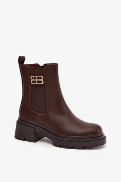 Outlet Botki Sztyblety Damskie Ze Złotym Detalem Ocieplane Brązowe Serene Damskie Botki Ocieplane|Botki Na Obcasie