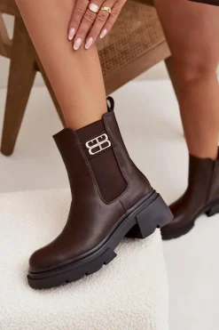 Outlet Botki Sztyblety Damskie Ze Złotym Detalem Ocieplane Brązowe Serene Damskie Botki Ocieplane|Botki Na Obcasie