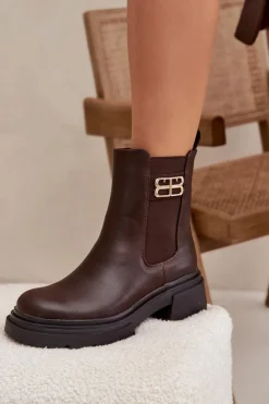 Outlet Botki Sztyblety Damskie Ze Złotym Detalem Ocieplane Brązowe Serene Damskie Botki Ocieplane|Botki Na Obcasie