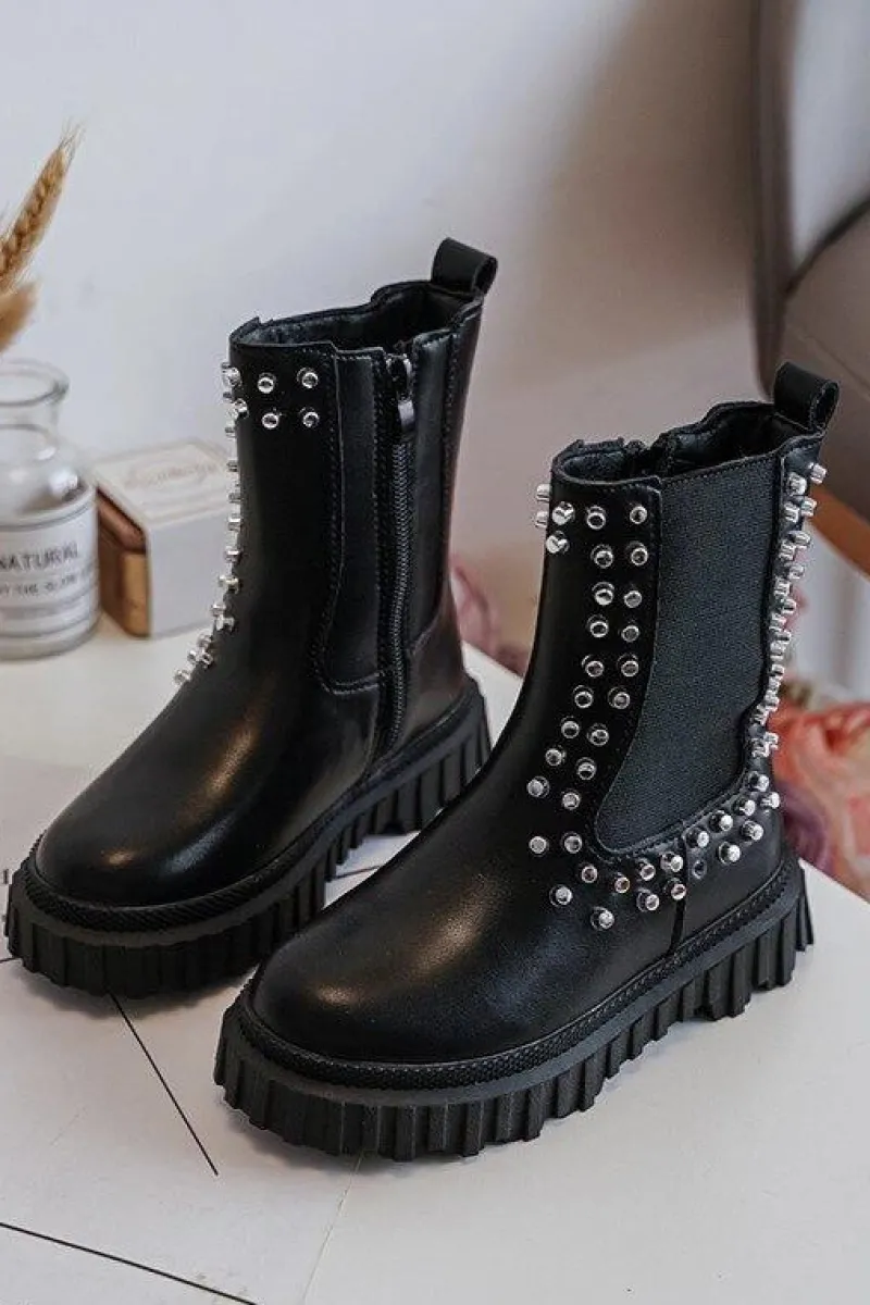 Botki Sztyblety Dziewczęce Zdobione Dżetami Czarne Adelie Dzieci Dziewczęce