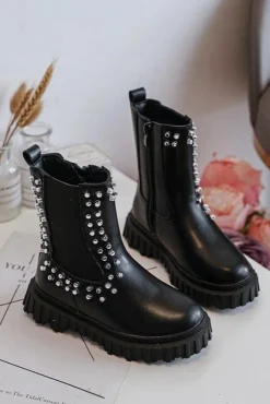 Botki Sztyblety Dziewczęce Zdobione Dżetami Czarne Adelie Dzieci Dziewczęce