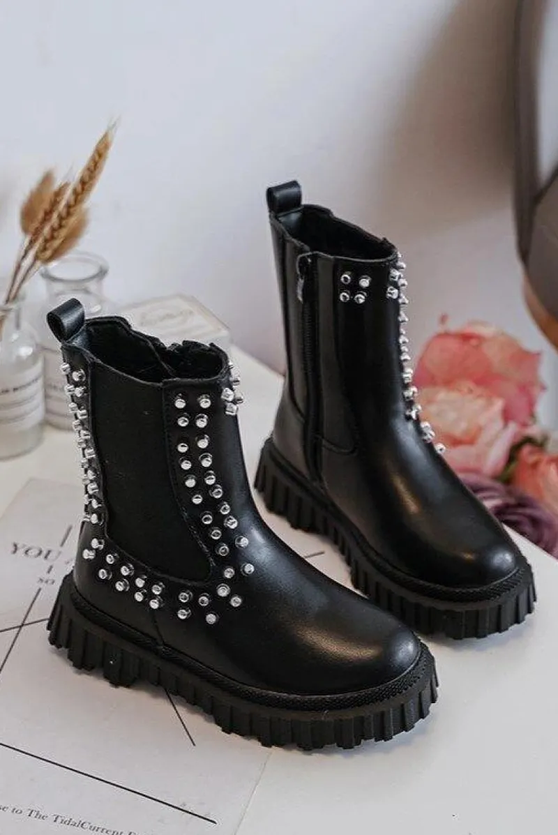 Botki Sztyblety Dziewczęce Zdobione Dżetami Czarne Adelie Dzieci Dziewczęce