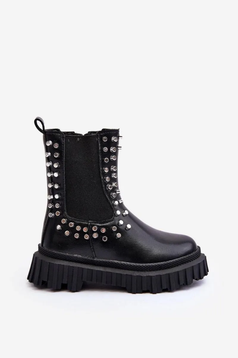 Botki Sztyblety Dziewczęce Zdobione Dżetami Czarne Adelie Dzieci Dziewczęce