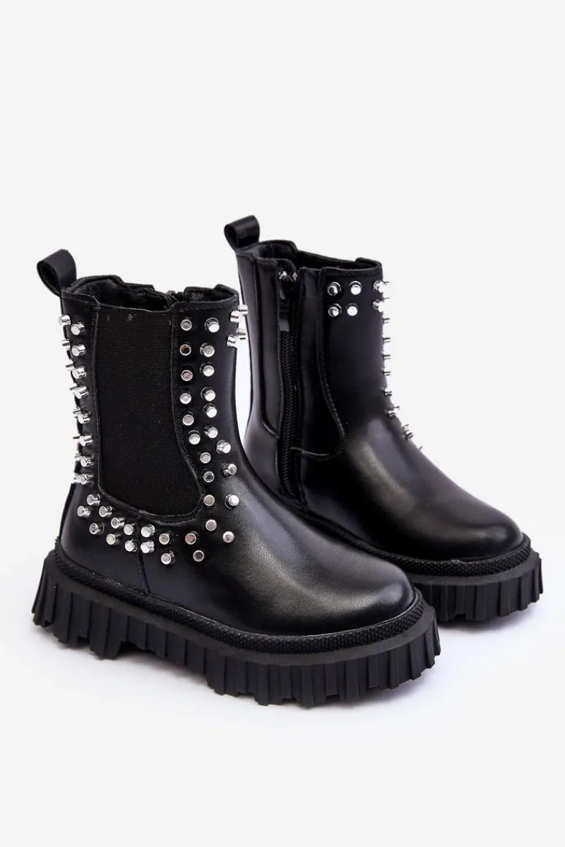 Botki Sztyblety Dziewczęce Zdobione Dżetami Czarne Adelie Dzieci Dziewczęce