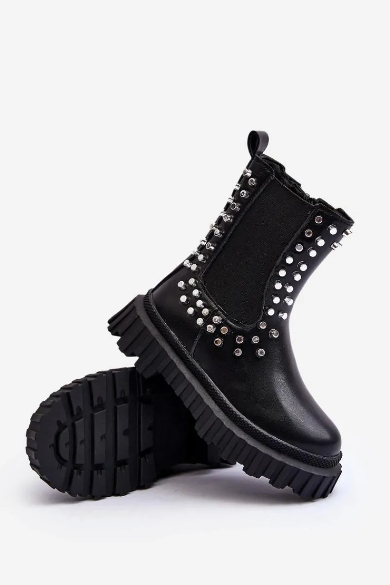 Botki Sztyblety Dziewczęce Zdobione Dżetami Czarne Adelie Dzieci Dziewczęce