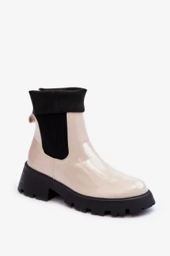 Czarne Botki|Botki Płaskie>Boto Botki Sztyblety Lakierowane Damskie Beżowe Pavo