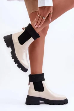 Czarne Botki|Botki Płaskie>Boto Botki Sztyblety Lakierowane Damskie Beżowe Pavo