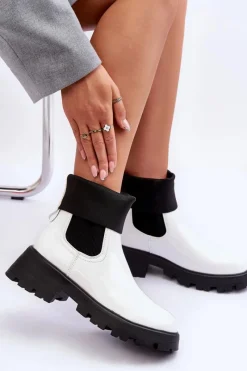 Czarne Botki|Botki Płaskie>Boto Botki Sztyblety Lakierowane Damskie Białe Pavo