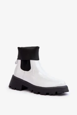 Czarne Botki|Botki Płaskie>Boto Botki Sztyblety Lakierowane Damskie Białe Pavo