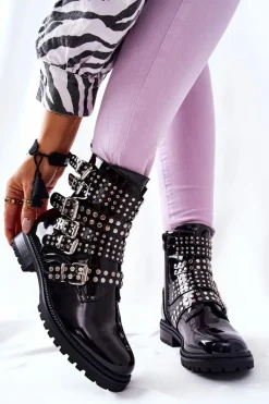 Czarne Botki|Botki Zimowe Damskie>Boto Botki Sztyblety Lakierowane Z Paskami Czarne Marchelli