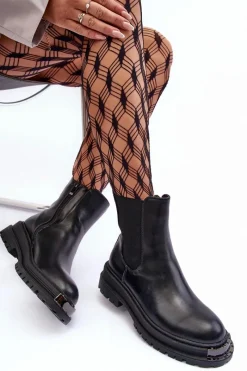 Hot Boto Botki Sztyblety Na Płaskim Obcasie I Platformie Czarne Linestta