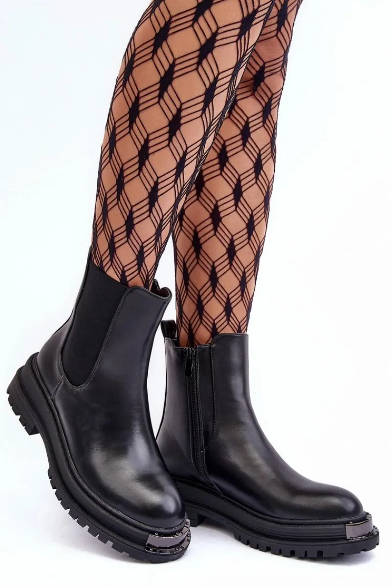 Hot Boto Botki Sztyblety Na Płaskim Obcasie I Platformie Czarne Linestta