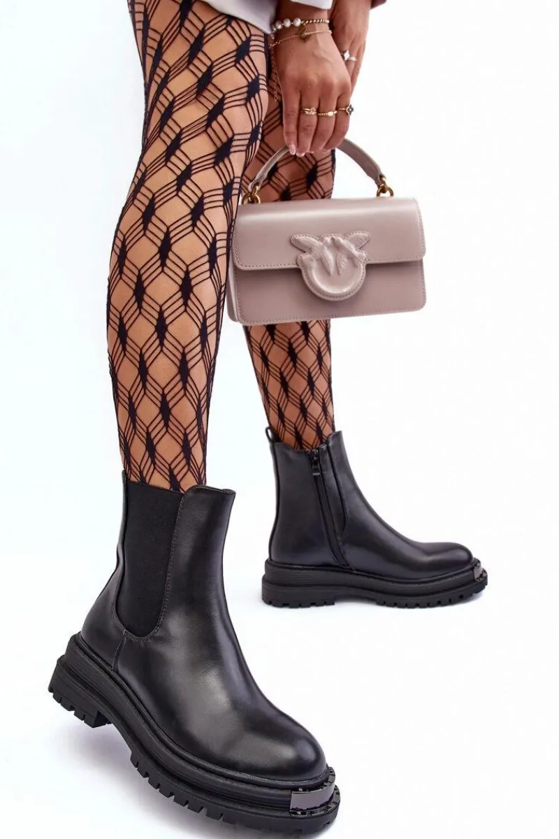 Hot Boto Botki Sztyblety Na Płaskim Obcasie I Platformie Czarne Linestta