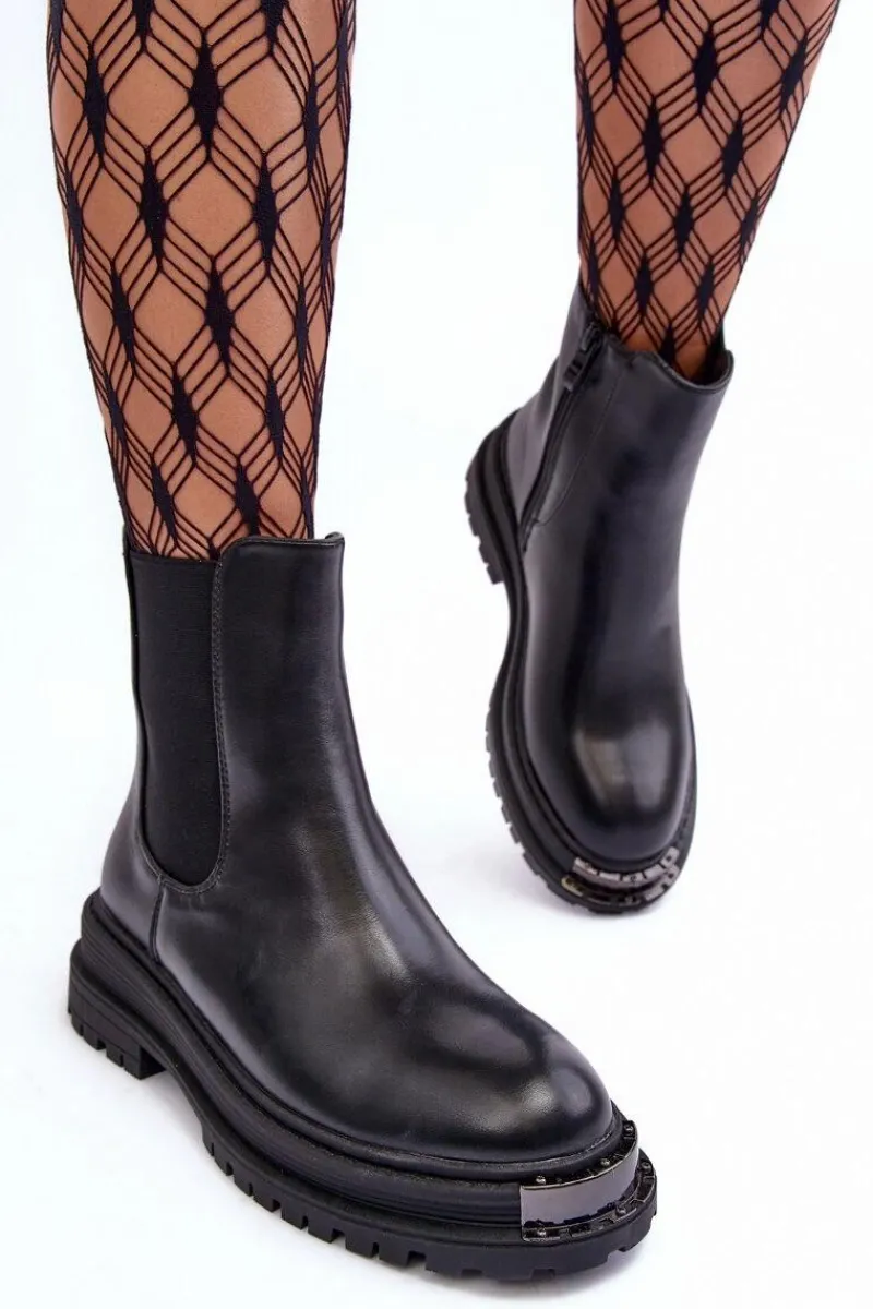 Hot Boto Botki Sztyblety Na Płaskim Obcasie I Platformie Czarne Linestta