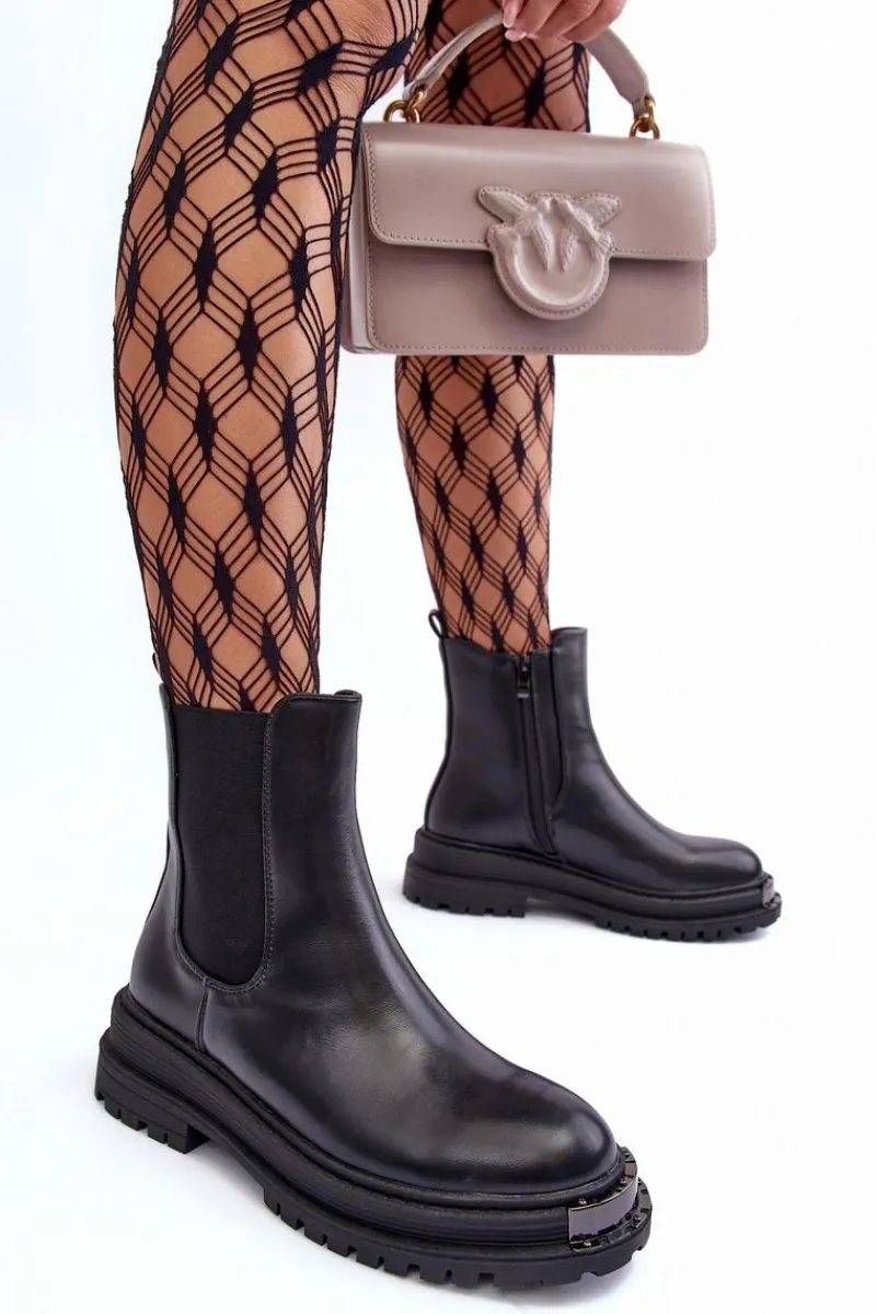 Hot Boto Botki Sztyblety Na Płaskim Obcasie I Platformie Czarne Linestta