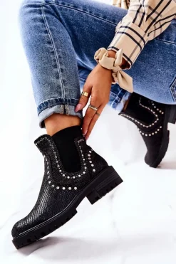 Czarne Botki|Botki Płaskie>Boto Botki Sztyblety Na Płaskim Obcasie Ćwieki Czarne Shivers