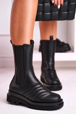 Discount Botki Sztyblety Na Platformie Czarne Evelina Damskie Czarne Botki|Botki Płaskie