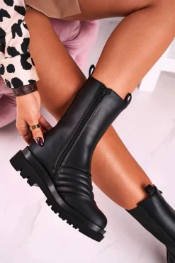Discount Botki Sztyblety Na Platformie Czarne Evelina Damskie Czarne Botki|Botki Płaskie