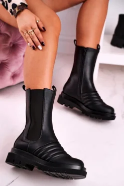 Discount Botki Sztyblety Na Platformie Czarne Evelina Damskie Czarne Botki|Botki Płaskie