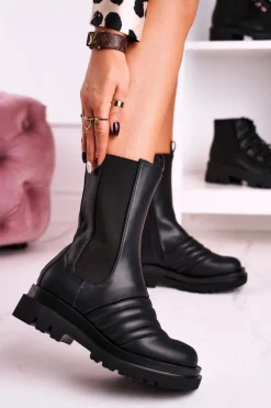 Discount Botki Sztyblety Na Platformie Czarne Evelina Damskie Czarne Botki|Botki Płaskie