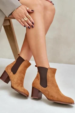 Czarne Botki|Botki Na Obcasie>Boto Botki Sztyblety Na Słupku Z Eko Zamszu Camel Sinirae