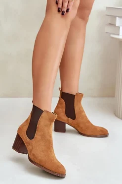 Czarne Botki|Botki Na Obcasie>Boto Botki Sztyblety Na Słupku Z Eko Zamszu Camel Sinirae