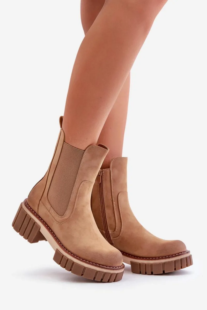 New Boto Botki Sztyblety Na Zamek Ocieplane Camel Linneviae
